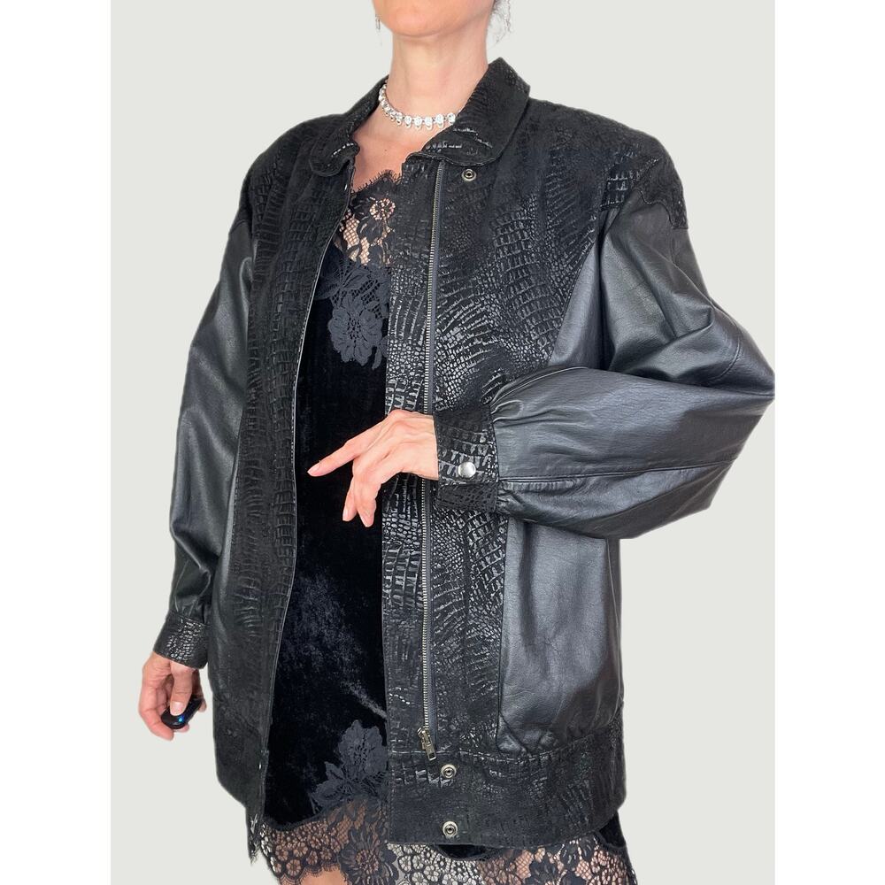 Vintage 80s 90s‎ leather jacket coat black reptile patchwork bomber oversized M